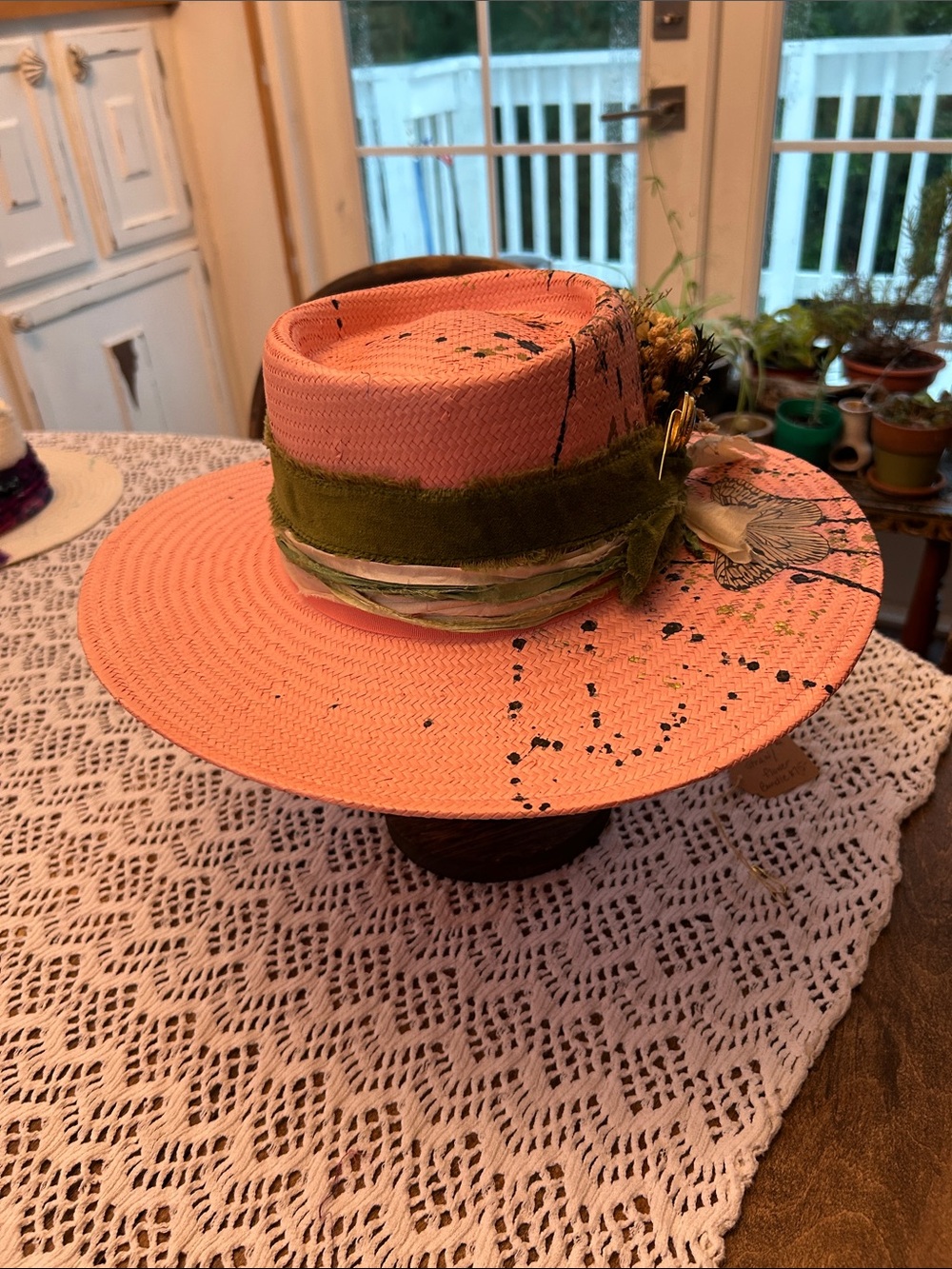Pink Straw Wide-Brim Hat with Olive Velvet Band and Floral Accent